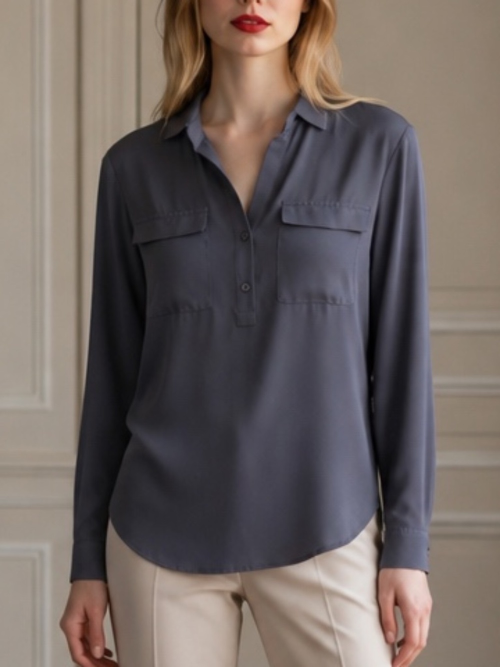 Ann Taylor Petite Gray Utility Blouse | Long Sleeve | XXSP